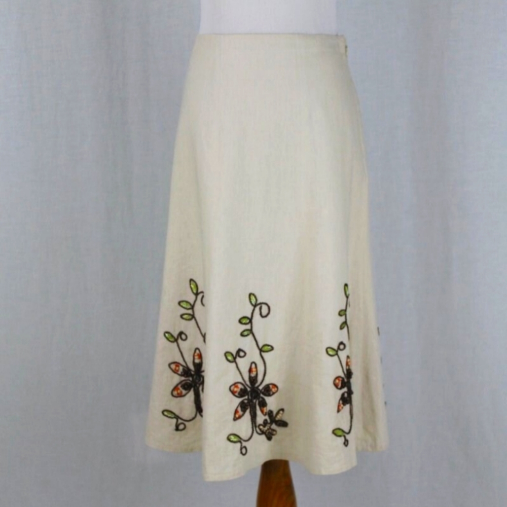 Vintage Carole Little Embroidered Linen A-Line Flared Skirt New Condition 8 M